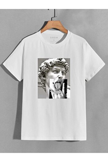 DUBU BUTİK Sculpture Design Μονό Ζέρσεϊ T-Shirt - Λευκό εμπριμέ κοντομάνικο μπλουζάκι με λαιμόκοψη