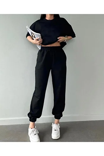 CLAYES Basic T-shirt Sweatpants Jogger Μαύρο Flat Top Top Σετ φόρμας Oversize Crew Neck