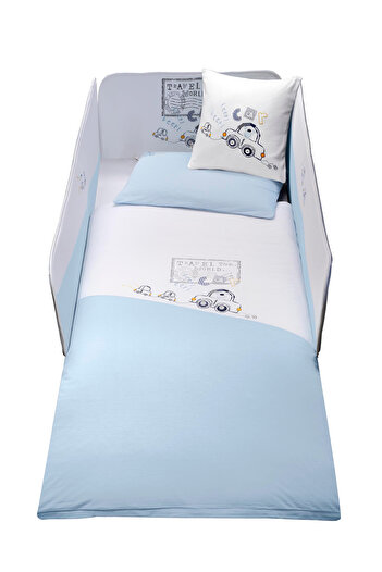SYDNEY Baby 5-Piece Sleeping Set 100% Cotton 100X135Cm Blue Travel Bear Duvet Cover Set 70X140 Elastic Sheet