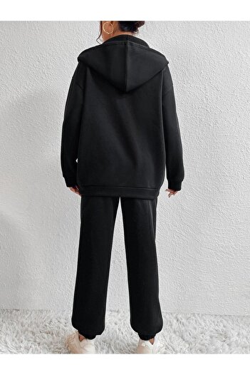 DUBU BUTİK Μαύρη ζακέτα Jogger και αθλητική φόρμα - εμπριμέ, υπερμεγέθη κουκούλα