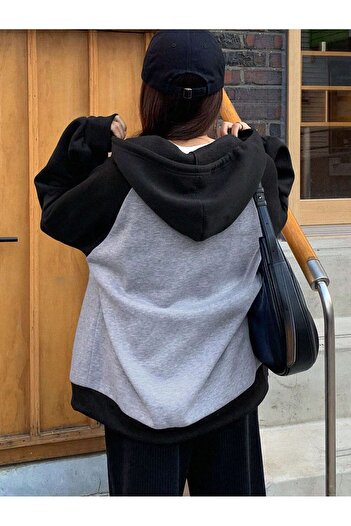 CLAYES Oversize Yıldız Baskılı Gri - Siyah Reglan Kol Hırka