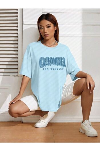 DUBU BUTİK Μπλουζάκι California Letter - Baby Blue Printed Oversize Crew Neck T-shirt με κοντό μανίκι