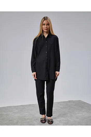 soBasic Black Shirt Collared Double Kimona Set