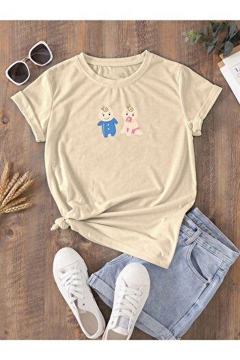 DUBU BUTİK T-shirt Pregnant Gebe Kids Printed - T-shirt Mink Crew Neck Oversize