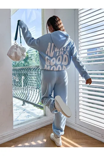 DUBU BUTİK Σετ φόρμας Mood Φούτερ Jogger - Baby Blue Printed Oversize Raster Hooded