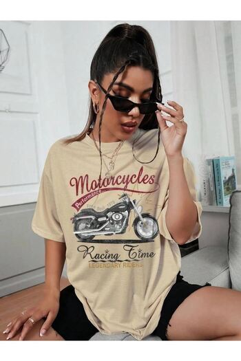 DUBU BUTİK Unisex Mink Cotton Oversize T-shirt Motorcycle Printed