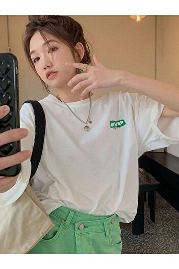 DUBU BUTİK Nevep Logo T-Shirt - White Oversize Printed Crew Neck