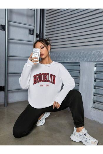 DUBU BUTİK Brooklyn New York Summer, White Sweatshirt and Black Jogger Sweatpants Set