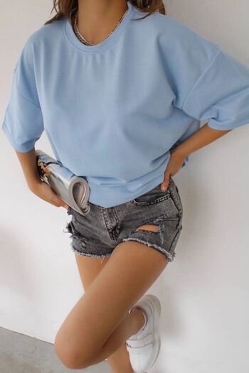 DUBU BUTİK Μπλουζάκι Unisex Baby Blue Cotton Oversize - Crew Neck