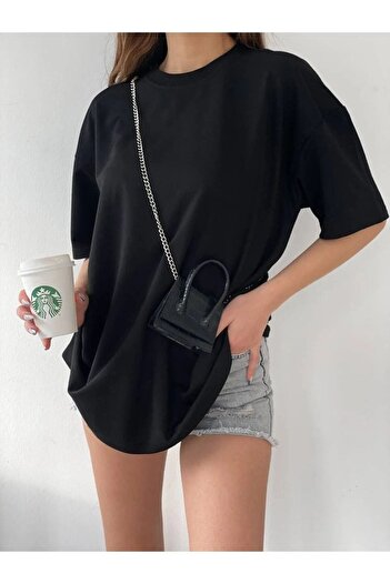 DUBU BUTİK Unisex Μαύρο βαμβακερό μπλουζάκι Oversize - Crew Neck