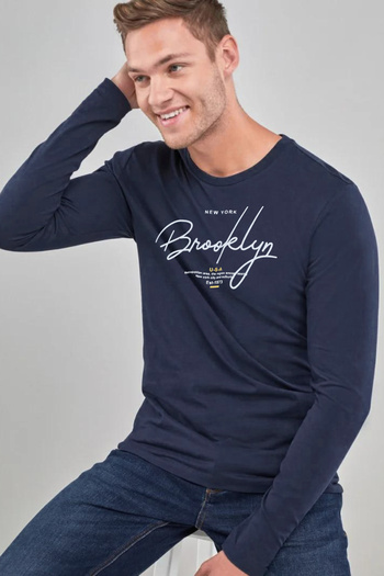 Superlife Men's Long Sleeve Hand Written Brooklyn Printed T-Shirt Spr25Ts39