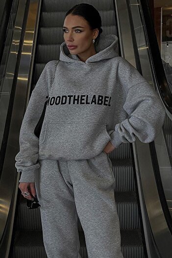DUBU BUTİK Mood The Label Σετ χειμερινής φόρμας - Γκρι εμπριμέ κουκούλα Oversize Raster