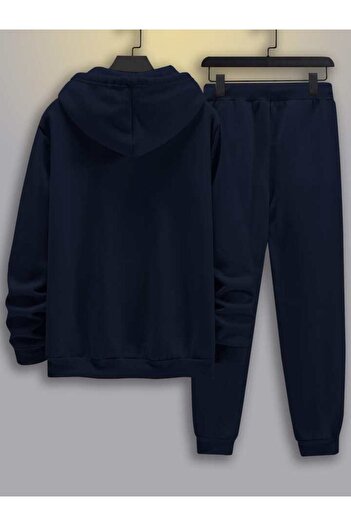 DUBU BUTİK Σετ καλοκαιρινής φόρμας Paris Φούτερ Jogger - Μπλε Navy Printed Oversize Hooded