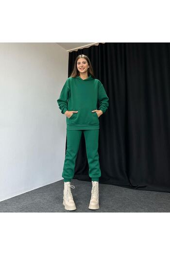 DUBU BUTİK Unprinted Sweatpants Set Sweatshirt Jogger - Green Oversize Raised Hooded