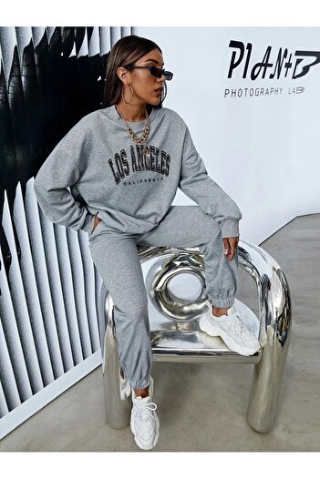 DUBU BUTİK Los Angeles Eşofman Takımı Sweatshirt Jogger - Gri Baskılı Oversize Şardonlu Bisiklet Yaka