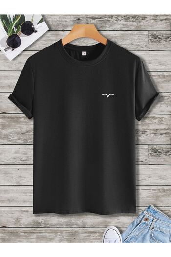DUBU BUTİK Bird Logo Minimal T-shirt - Black Oversize Printed Crew Neck