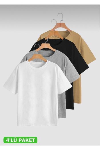 DUBU BUTİK Basic Plain 4-pack πολλαπλά μπλουζάκια - Μαύρο, Λευκό, Γκρι, Μπεζ Oversize Crew Neck