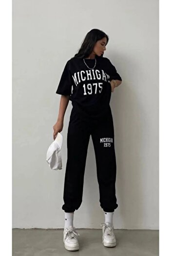 DUBU BUTİK Μίσιγκαν 1975 T-shirt Φούτερ Jogger- Μαύρη στάμπα στο κάτω μέρος Σετ φόρμας Oversize Cycling Yak