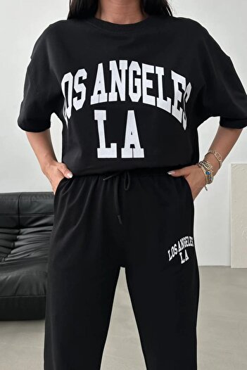 DUBU BUTİK Μπλουζάκι Los Angeles, Σετ αθλητικών παντελονιών με μαύρο στάμπα, μπλουζάκι Jogger Style και Cycling Yak.