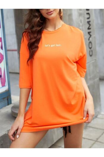 DUBU BUTİK Let's Get Lost T-Shirt - Πορτοκαλί στάμπα με κοντό μανίκι με λαιμόκοψη
