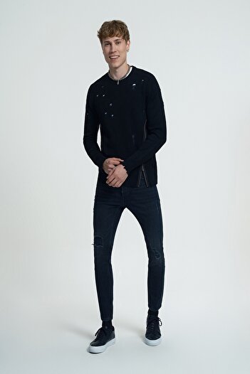 Loft 2034663 Black Men's Justin Skinny Fit Ripped Detailed Jeans