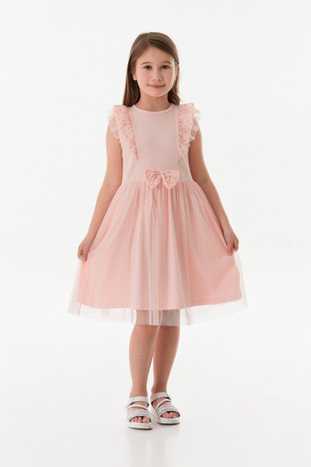 Fulla Moda Ruffled Tulle Girl's Dress with Ribbon Detail and Ruffled Sleeves