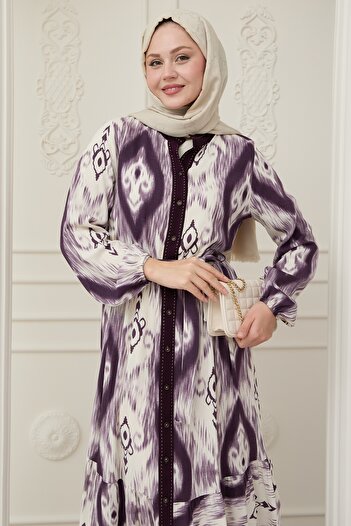 InStyle Ethnic Pattern Purple Viscose Dress with Punt on the Front