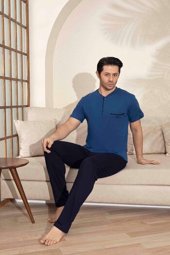 Tarık Ανδρικό Σετ Πιτζάμες με κοντό μανίκι Indigo Blue Pocket από βαμβακερό ύφασμα