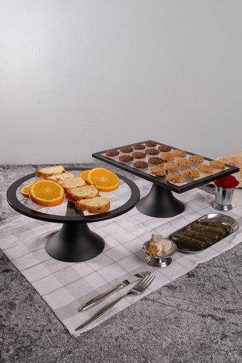 Fiyakalı Ürünler Atölyesi 2-Piece Cake Stand - Black Round & Rectangular - Cake and Cookie Edition - Dowry & Gift