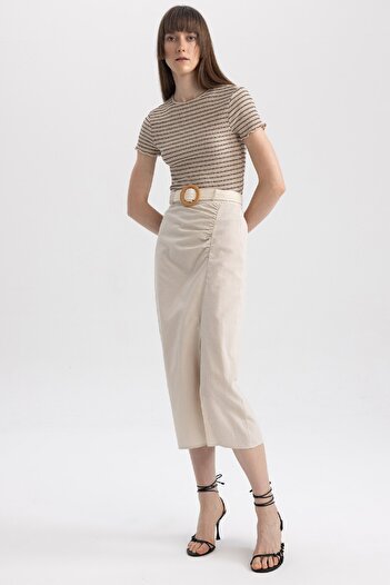 DeFacto Straight Fit Regular Waist Slit Linen Blended Midi Skirt A7321ax23sm