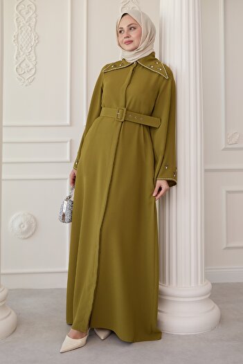 InStyle Τριγωνικός γιακάς Πέτρινο Λαδί Πράσινο Abaya