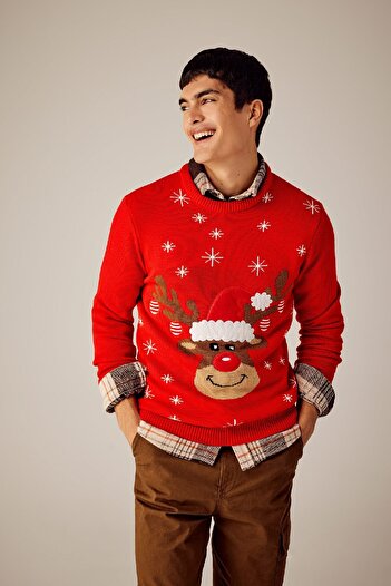 DeFacto Standard Fit Christmas Themed Crew Neck Knitwear Sweater Y1882Az23Wn