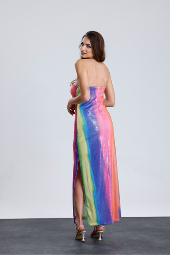 Sense Lined Strapless Evening Dress Sequin Sequin Dress - Elb34886 Rainbow