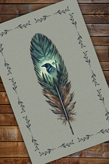 The Reef Design Mavi Gagalı Karga Desenli Halı Kuş Tüyü Desenli Halı Diital Baskılı Kaymaz Halı Puslu Orman Temalı