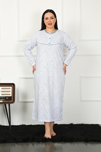 modaserdem Mdsrdm Long Sleeve Plus Size Mother Nightgown-Petrol-100% Cotton