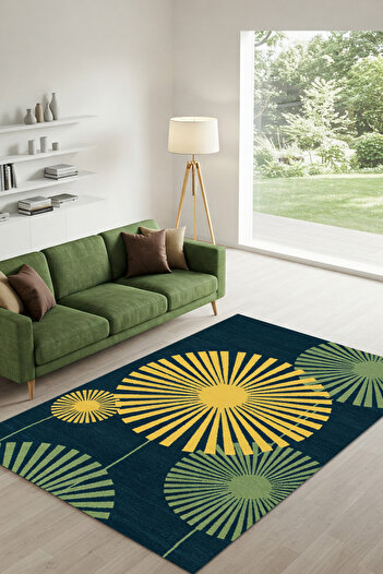 The Reef Design Yeşil Yapraklı Soyut Desenli Halı Doğa Temalı Halı Dijital Baskılı Halı Kaymaz Tabanlı Salon Halısı