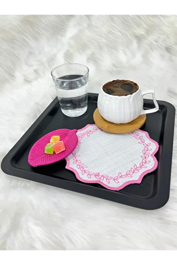 Mora Tekstil Leaf Embroidered Coffee Coaster, Presentation Napkin, Coffee Side Napkin, 6-Piece Cocktail Napkin, Coaster