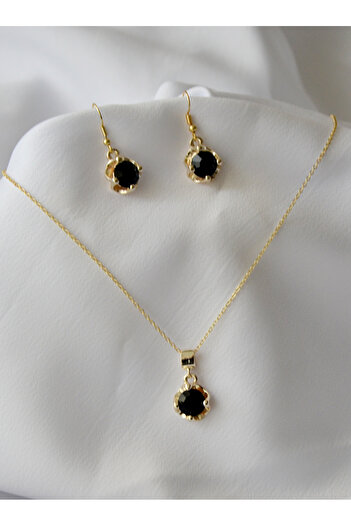 BİJUTERİ EVİ Black Stone Women's Necklace and Earrings Set with Lacquer Finish - Elegant Gold-Colored Jewelry
