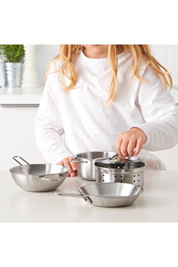 IKEA DUKTIG 5-piece toy cookware set, stainless steel colour