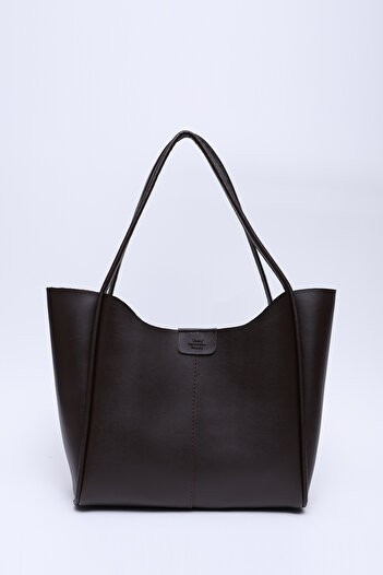 SHAKA Shk76 Model Brown Color Faux Leather - Large Size Women's Makeup Bag with Wick Strap and Snap Fasteners