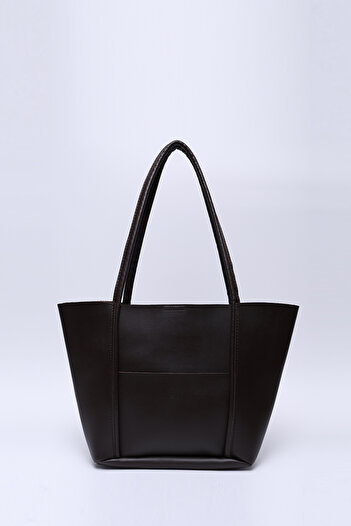 SHAKA Coffee Color Shk80 Faux Leather Large Size Shoulder Bag with Front Pocket and Snap Fastener Makeup Bag
