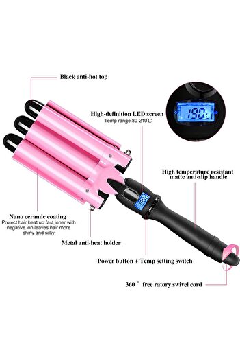 COOYA Ceramic Tourmaline Triple Barrel Hair Crimper,with Lcd Temp Display,25mm,pink