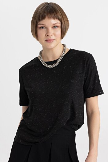 DeFacto Relax Fit Crew Neck Glitter Fabric Short Sleeve Black T-Shirt C1662Ax24Sp