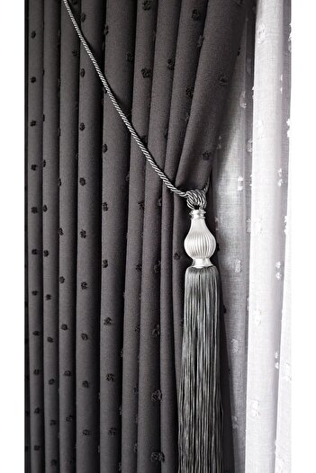Yuka Pompom Linen Textured Curtain - Anthracite Panel Background - Luxury Heavy Weight - Single Wing