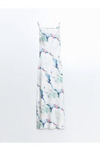 LC Waikiki Xside Ecru Square Neck Patterned Strappy Satin Women's Dress