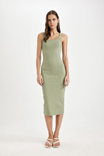 DeFacto Bodycon Fitted Basic Plain Square Neck Ribbed Camisole Sleeveless Midi Dress Z7577Az24Sm