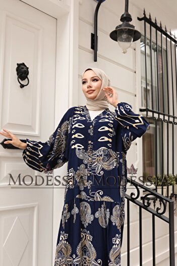 modessia Women Navy Blue 100% Viscose Cotton V-Neck Alaçatı Model Layered Dress V6531