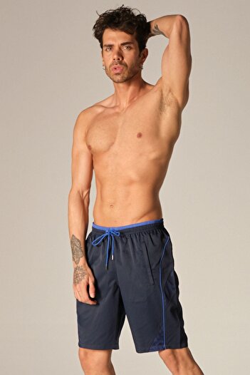 LUGMO Men's Swim Shorts with Zipper Pocket Polyester Water Repellent Feature Non-Irritating Lining Navy Blue K-151