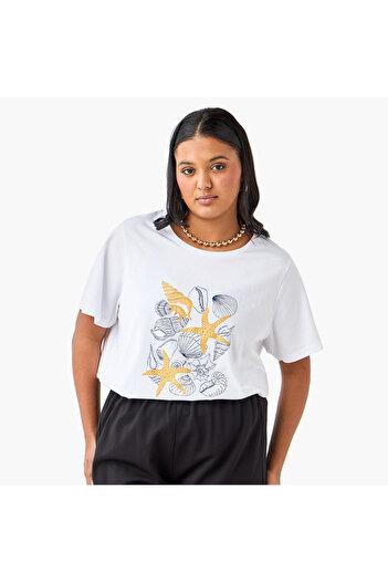 Ulla Popken Plus Size Ulla Popken Seashell Print Round Neck T-shirt with Short Sleeves