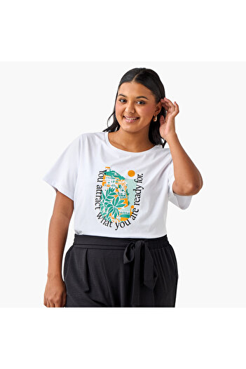 Ulla Popken Plus Size Ulla Popken Graphic Print Round Neck T-shirt with Short Sleeves